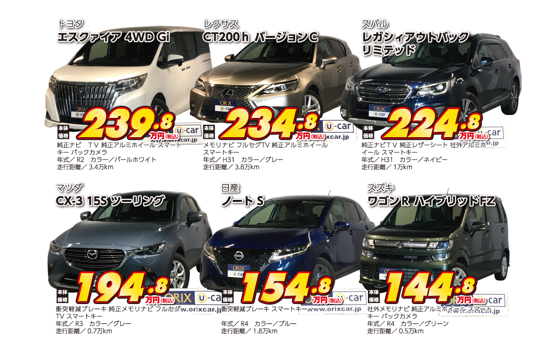 エスクァイア 4WD Gi、CT200ｈ バージョンＣ、レガシィアウトバック リミテッド、CX-3 15S ツーリング、ノート S、ワゴンＲ ハイブリッドFZ